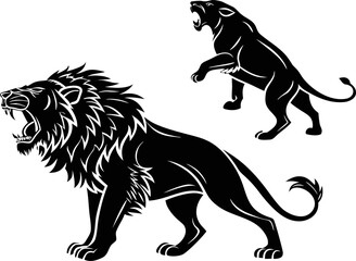 Roaring Lion and Lioness Black Silhouette Vector Set: Detailed Graphic Stencils of Aggressive Big Cats for Sports, Emblem, or Mascot Design.