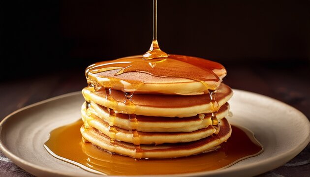 a stack of golden pancakes is drizzled with syrup from a spoon in a closeup shot