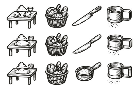 Artisan basket workspace flour bakery collection ink vector icon knife sifter bread