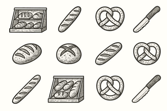 Bread baguette icon collection knife vector display fresh pretzel bakery set