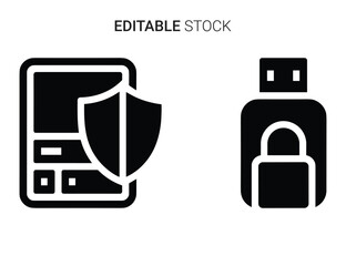 Device and data security icons: mobile protection and encrypted usb storage concept