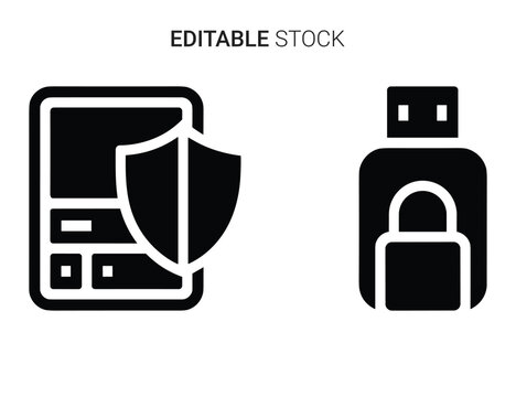 Device and data security icons: mobile protection and encrypted usb storage concept