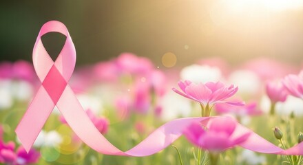 Fototapeta premium A pink ribbon with a sunflower in the background.