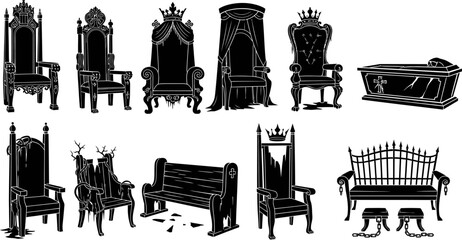 Royal and Grim Throne Set Black Silhouette Icons