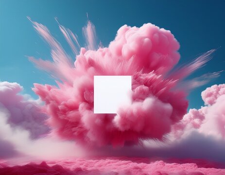 pink smoke explosion against a blue sky with a white square in the middle - Powered by Adobe