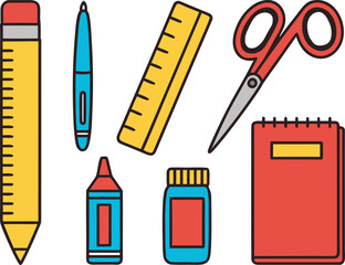 Vibrant School and Office Supplies Collection Vector: Bold Outlined Flat Design Set Including Pencil, Pen, Ruler, Scissors, Crayon, and Notebook.