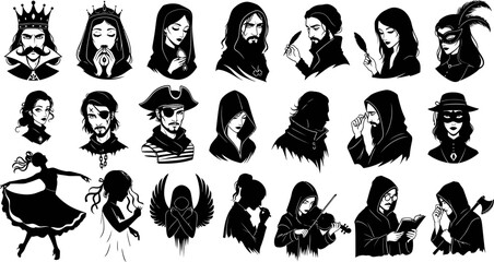 Obraz premium Diverse Black Silhouette Characters Vector Collection