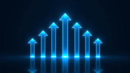 Digital Neon Arrows Pointing Upward Reflecting on Dark Surface Growth and Success Concept