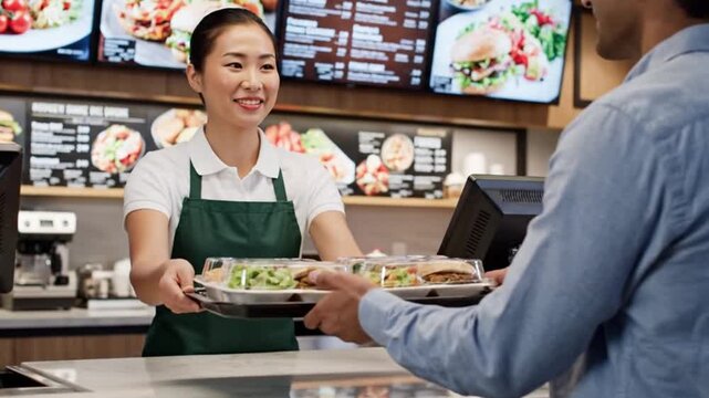 Smiling waitress hands food order to customer at fast food restaurant counter