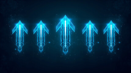 Five Arrows Glowing Blue Pointing Upwards in Dark Space Background Indicating Success