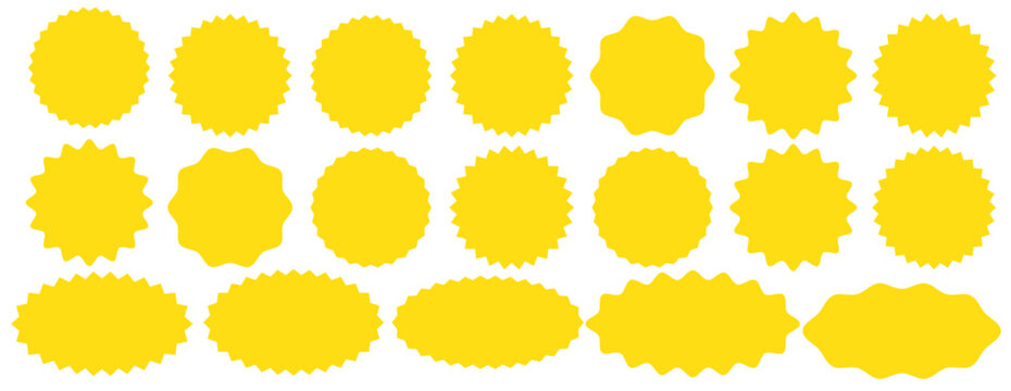 Set of yellow star burst shape tags for price. Circle sticker. Wavy edge promo badges. Blank sale stickers collection. Star vector icons.