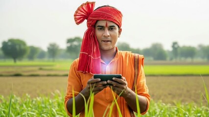 Young Indian Cultivator In Traditional Orange Attire Using A Mobile Phone To Access Modern Agriculture Technology And Information Standing In A Green Crop Field