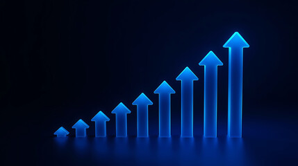 Glowing blue arrow graph illustrating business growth and upward trend on dark background