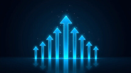 Glowing blue arrows pointing upwards symbolizing growth and progress in business with dark background and reflection