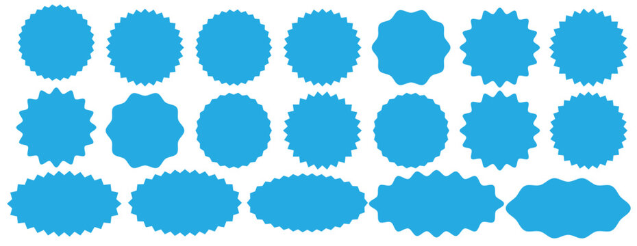 Set of yellow star burst shape tags for price. Circle sticker. Wavy edge promo badges. Blank sale stickers collection. Star vector icons.
