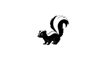 Cute cartoon skunk illustration with black and white fur, standing on a white background, North American wildlife animal.