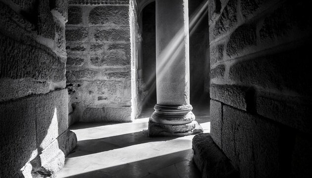 monochrome photograph of a stone pillar in a room with sunlight streaming through