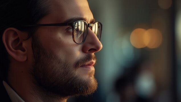 Serious entrepreneur with glasses looking out the window in the office at sunset - Powered by Adobe