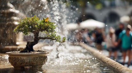Bonsai tree by fountain outdoors