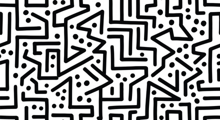 Abstract black and white maze pattern with geometric lines and dots