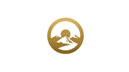 Elegant Golden Circular Mountain Landscape Design with Sun Icon on White Background - Nature and Outdoor Travel Graphic