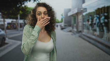 Woman with hand covering mouth on city street storefront near mannequins, visible ring on finger; surprise concern vulnerability.