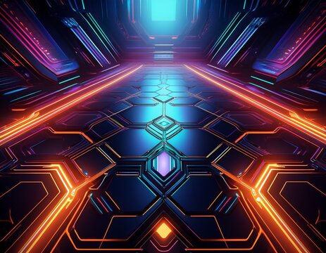 futuristic geometric pattern tron inspired glowing lines dark digital grid