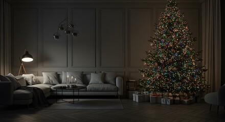 Cozy living room with christmas tree and gifts at night
