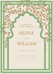 Indian style wedding invite featuring an ornate Mughal arch with green borders and botanical accents. Elegant layout inspired by cultural aesthetics and refined festive elements