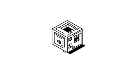 Minimalist isometric line art illustration of a technology cube module, digital device, or server icon on a white background.