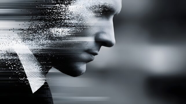 Abstract silhouette of a man s profile with glitchy digital distortions and streaks of light silhouette