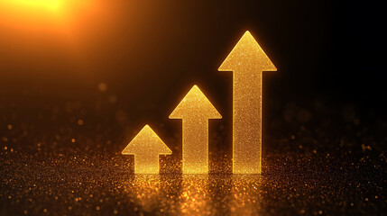 Golden Upward Arrows Symbolizing Growth and Success in Business on a Dark Background