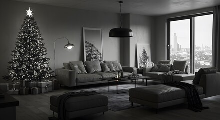 Black and white view of a stylish living room with christmas tree