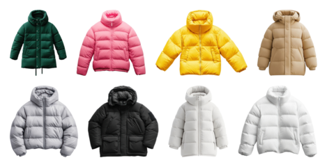 PNG Colorful winter puffer jackets collection, element set on transparent background