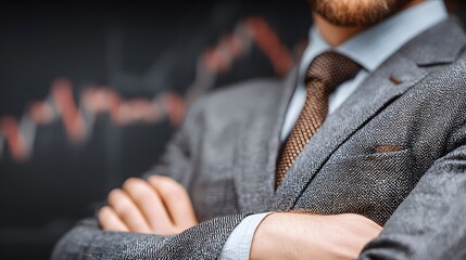 Close up of a businessman in a suit with arms crossed against a blurred stock market graph silhouette