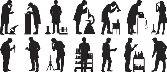 Science silhouette figures, lab activity, research poses, microscope work, chemical testing, laboratory equipment, scientific analysis, experiment process