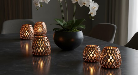Candle holders with orchid on a dining table
