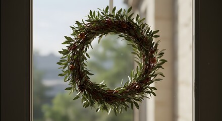 Closeup of a green christmas wreath with red berries on a window
