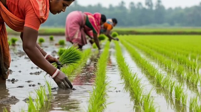 Indian Women Cultivators Planting Young Rice Seedlings By Hand In A Waterlogged Paddy Field Showing Traditional Agricultural Practices And Hard Labor For Food Production
