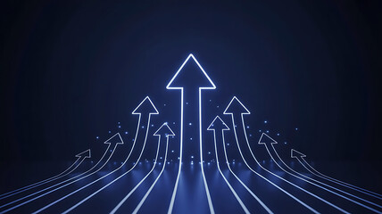 Neon Arrows Pointing Upward Symbolizing Growth and Success in Dark Blue Ambience