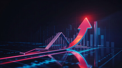 Rising Arrow in Neon Light with Bar Graph Background Showing Growth and Success