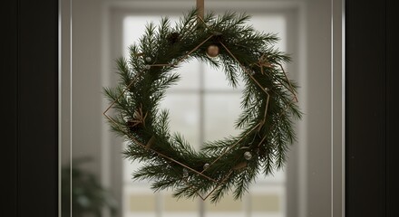 Closeup of a rustic christmas wreath with pinecones and ornaments