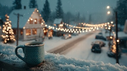 High-angle winter town snow scene with cold-warm contrast, teal textured mug on snow-covered wooden railing, background with Christmas lights and streets, tranquil holiday atmosphere for travel promot