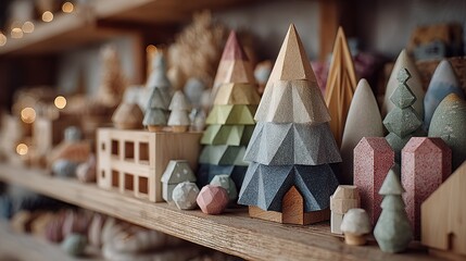 Handmade Geometric Tree and House Models in Nordic Style for Home Decor, Christmas Ornaments, and Blog Illustrations with Shallow Depth of Field and Warm Wood Texture.