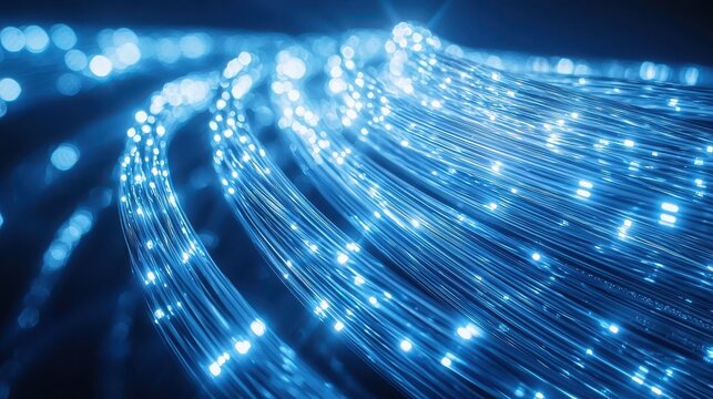 Bent cable detail fiber optic light trails macro photography curved glass fibers blue white illumination internal transmission network technology