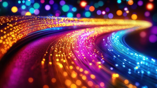 Bent cable detail curved fiber optic showing light transmission bent sections visible strands multiple color patterns flowing trails