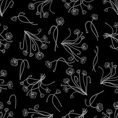 White floral outline pattern on a black background with repeating flower and stem arrangements scattered