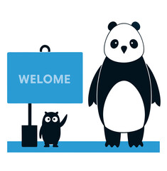 Friendly panda and owl with welcome sign illustration isolated on white background isolated on transparent background silhouette