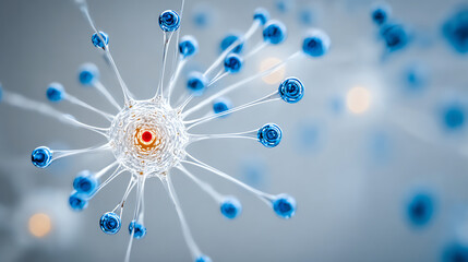 Microscopic view of molecular structures showcasing blue particles and intricate connections, illustrating complexity at a cellular level.