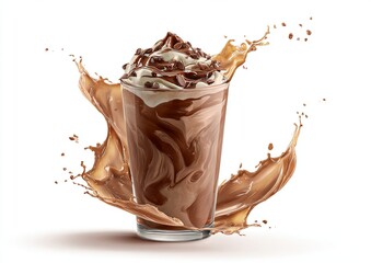 Chocolate milkshake with whipped cream and chocolate shavings splash